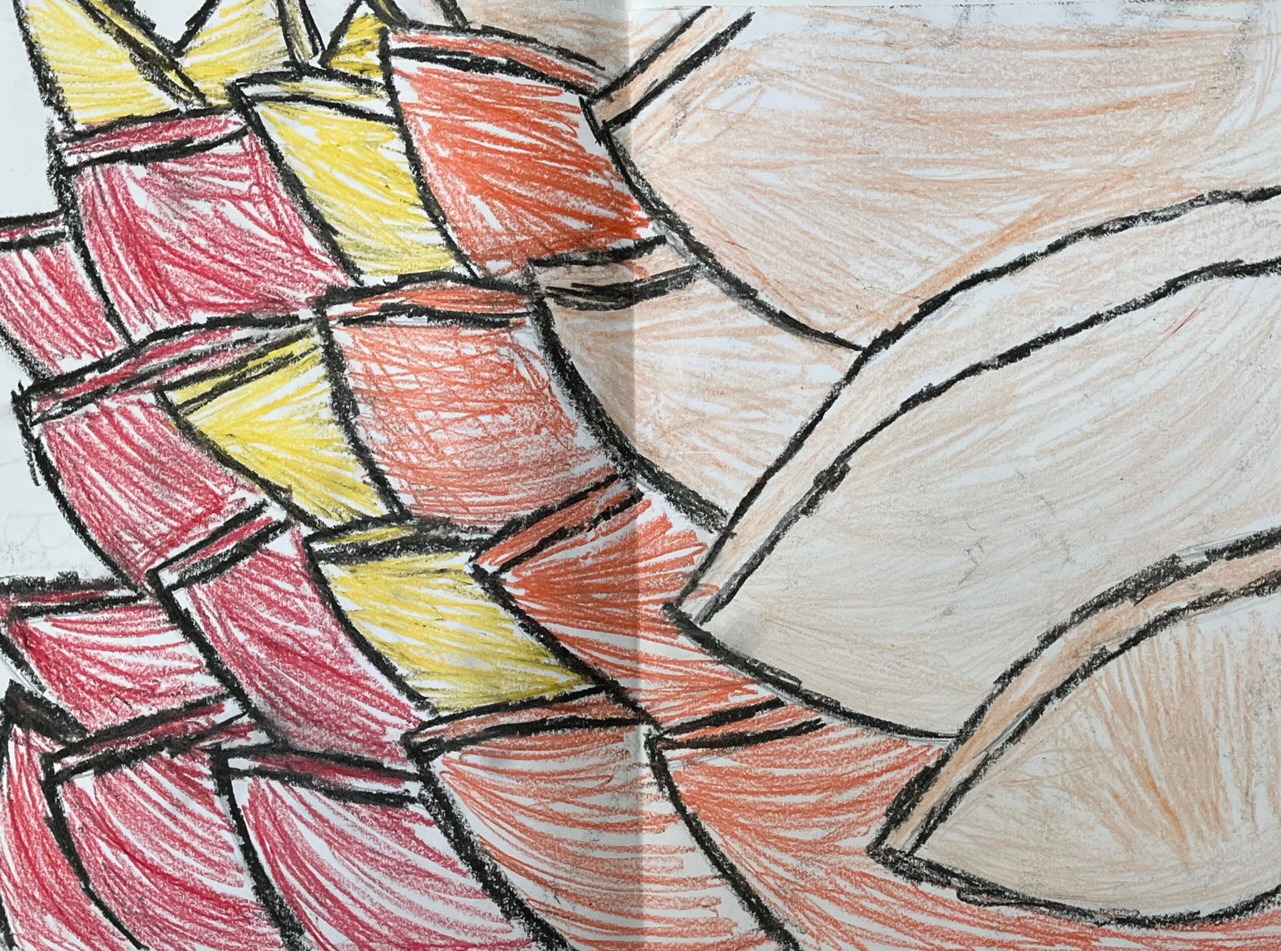 Stage 3 child's abstract drawing of a flower, very close up with bright colours.