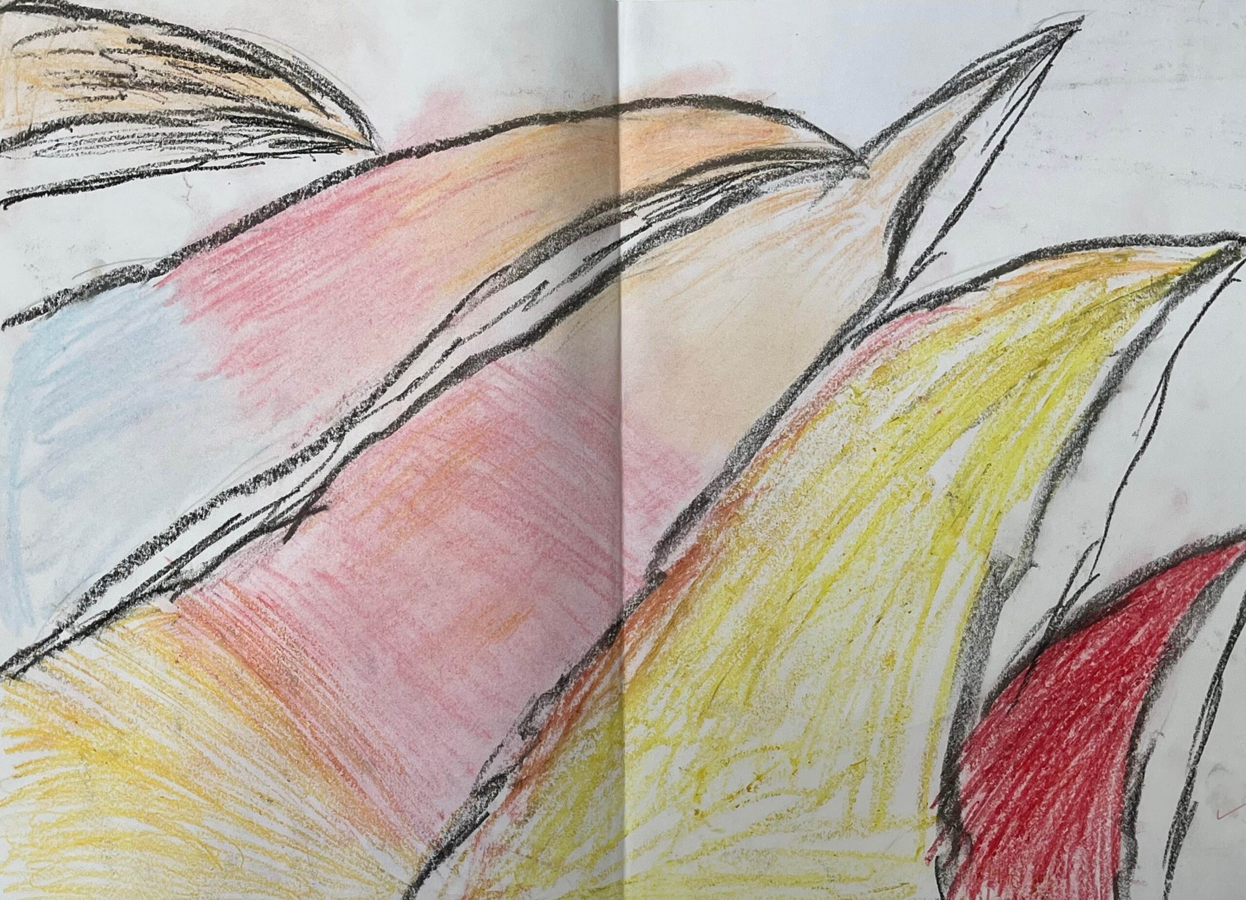 Stage 3 child's abstract drawing of a flower, very close up with bright colours.