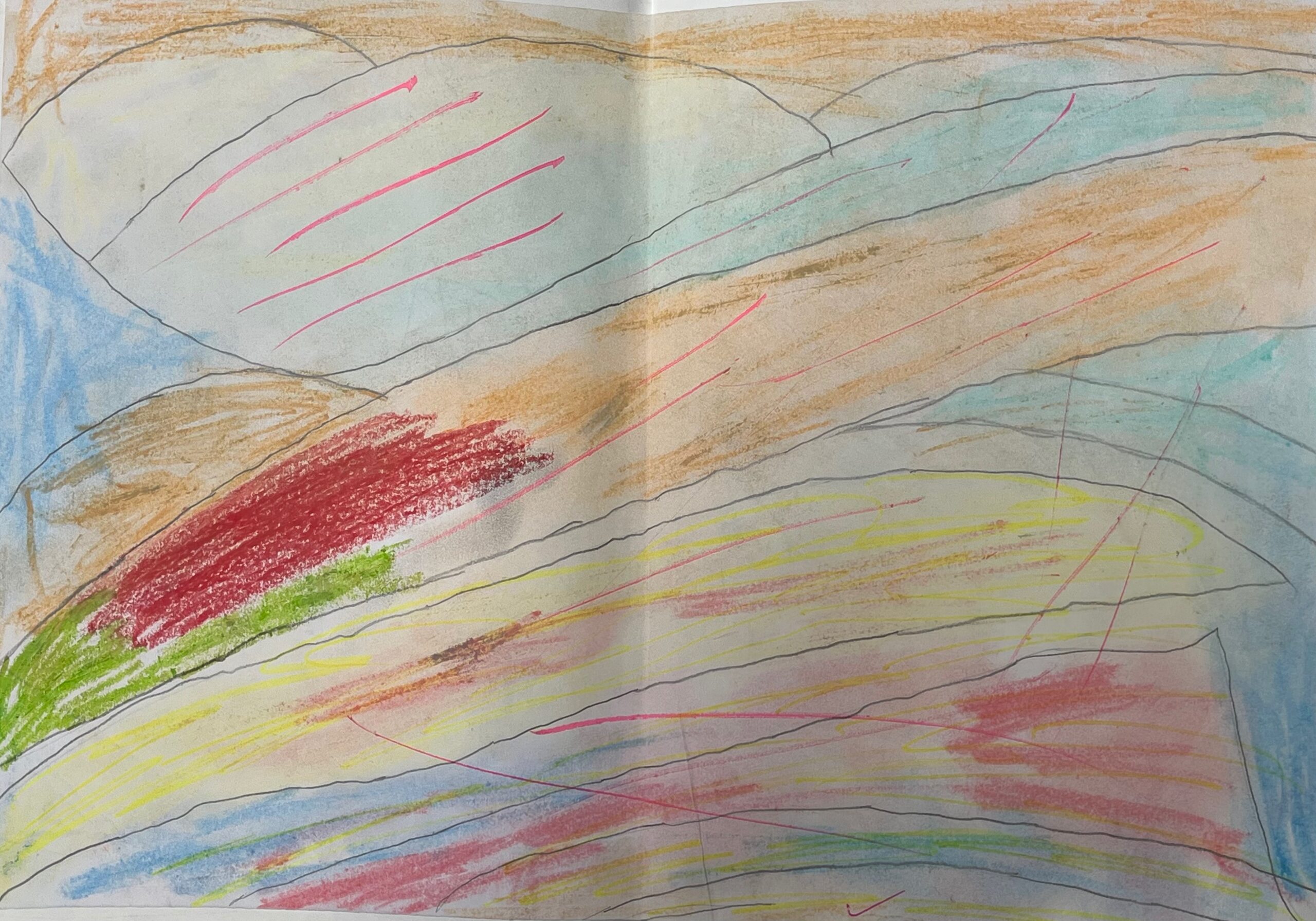 Stage 3 child's abstract drawing of a flower, very close up with bright colours.